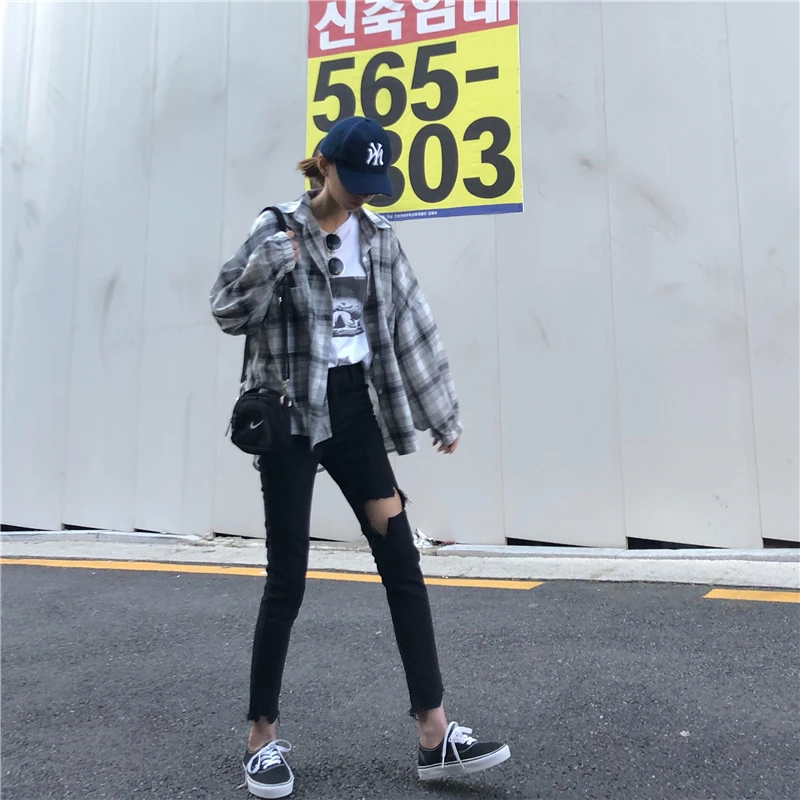 Mihoshop Ulzzang Корейская женская модная одежда с дырками в стиле панк крутые черные