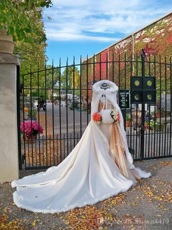 2.2 meters White Wedding Cloaks Hooded Bridal Cape with Train Faux Fur Winter Wedding Accessories Bridal Wraps Cape