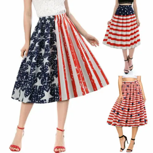 

Independence Day Women Girls Long Skirt Flag Printed Pleated Flared Circle Elastic Stretch Woman Ladies Summer Casual Skirt 2019