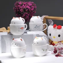TECHOME Creative Cartoon Ceramic Mug Porcelain Cup Cute Cat 3D Mugs Large Capacity Glass Milk Cup with Lid