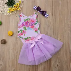 Летние топы без рукавов, боди, фиолетовая кружевная юбка-пачка с головной повязкой, комплект одежды из 3 предметов, комплект одежды с