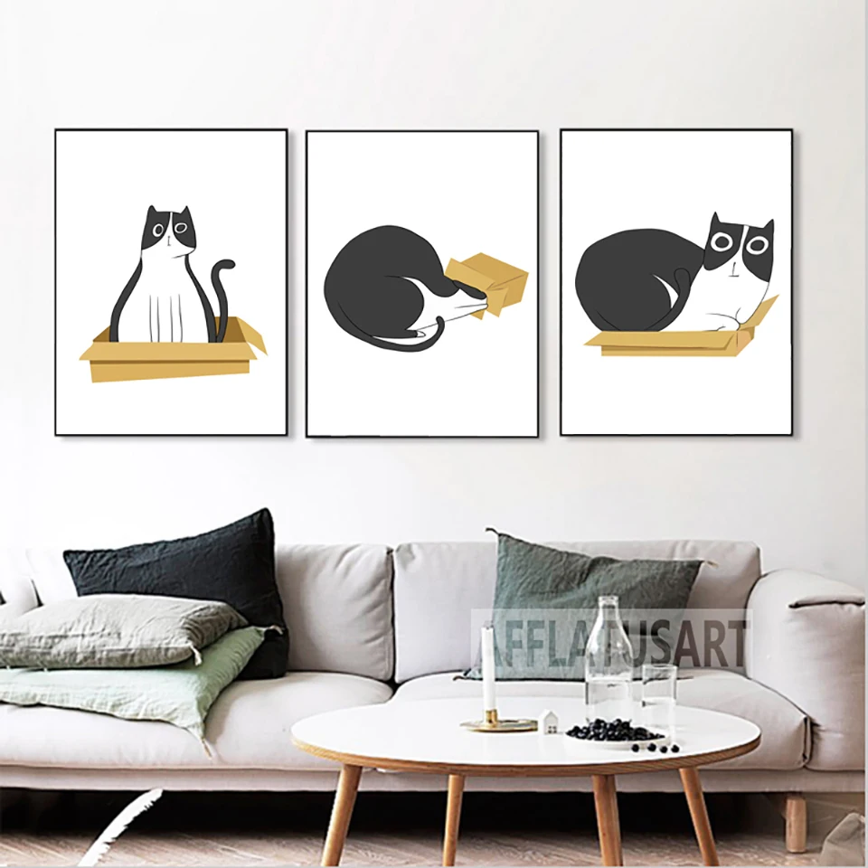 Cartoon-Cat-Box-Nordic-Poster-Wall-Art-Canvas-Painting-Posters-And-Prints-Pop-Art-Animals-Wall