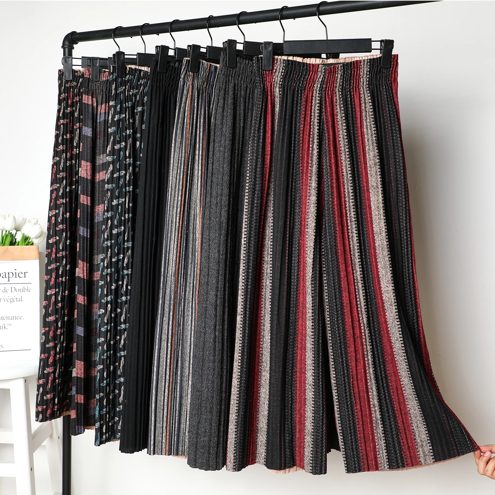2020 New Autumn Winter Woolen Wide Leg Pant Drape Harem Pant Women Elastic Waist Pleated Trousers Pleated Pant Thick Flared Pant