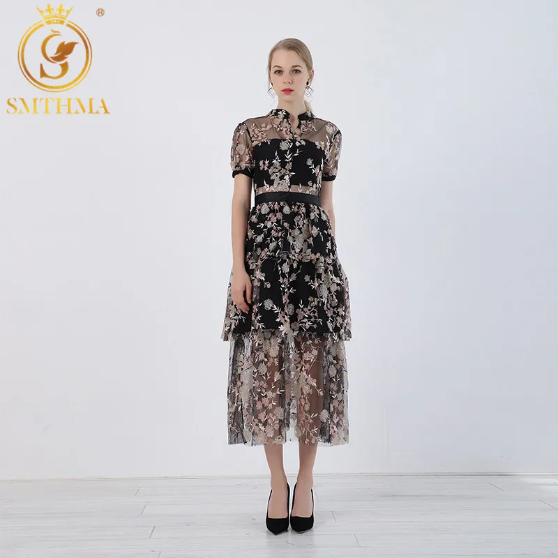 

High Quality Luxury Design Runway Self Portrait Dress New Mesh Embroidery Sequins Flower Dress Summer Maxi Long Dress