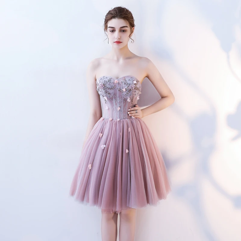 Он невесты розовое милое коктейльное платье без бретелек без рукавов Аппликации спинки длиной до колена вечерние платья Robe De Soiree
