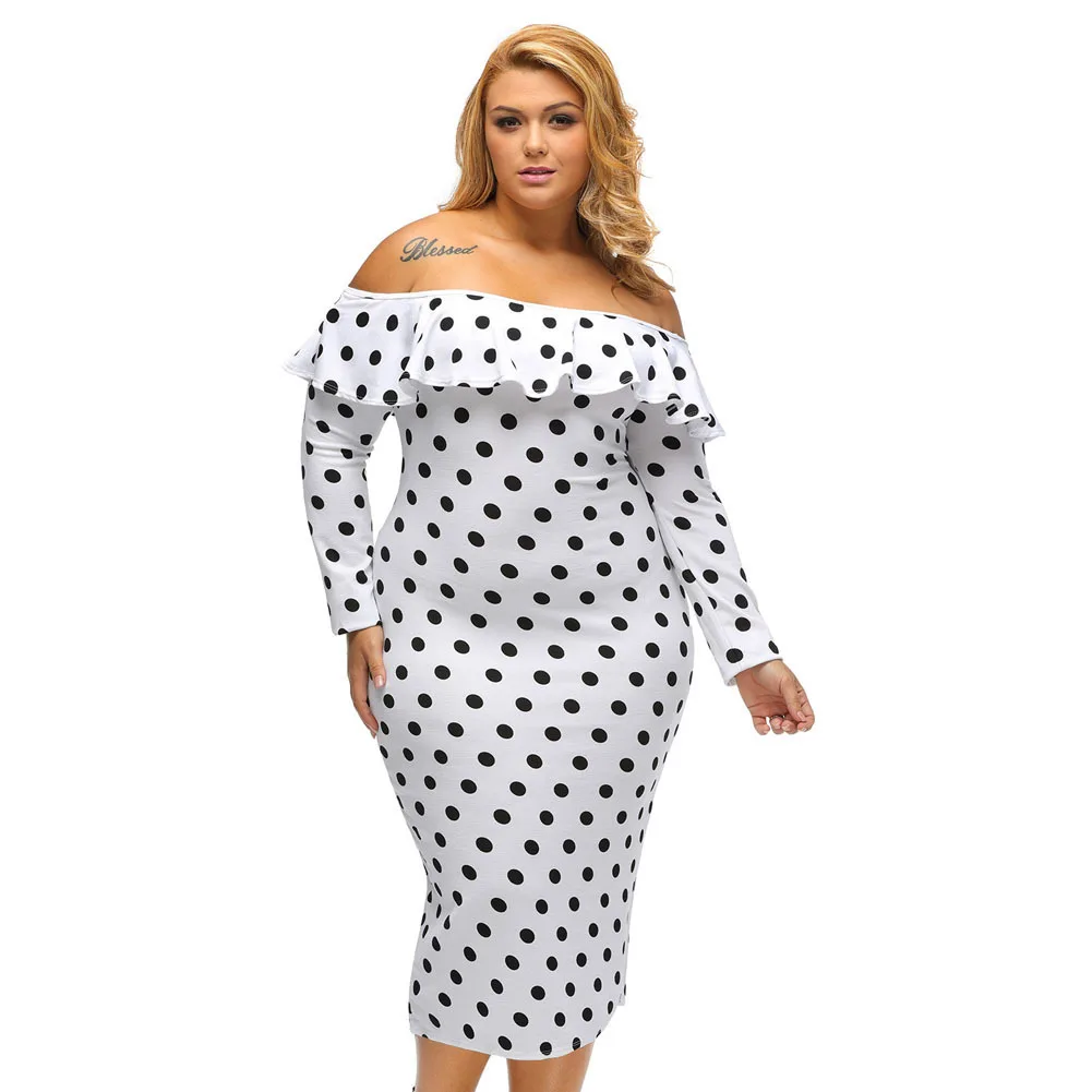 2018 Summer Plus Size Pencil Dress Xxxl Women Long Sleeve Polka Dot Off