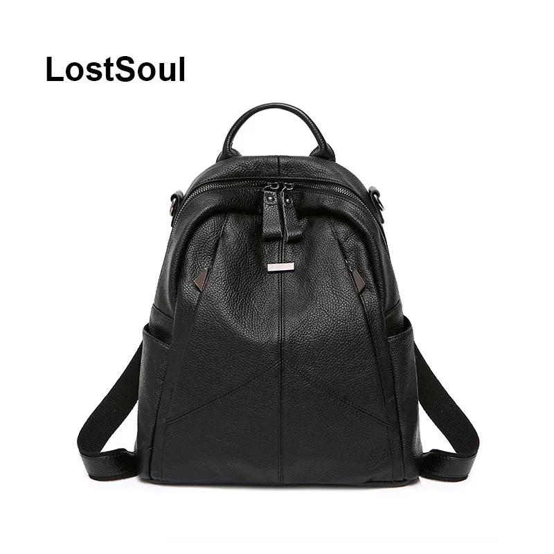 

LostSoul women backpack genuine leather fashion bag pack for teens fashion black cow leather backpack travel bag bolsa feminia