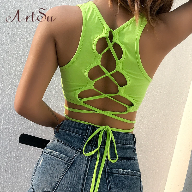 

ArtSu Backless Bandage Womens Tank Tops Cotton Neon Yellow Sexy Crop Top Cut Out Sleeveless Summer Tops Streetwear ASVE20621