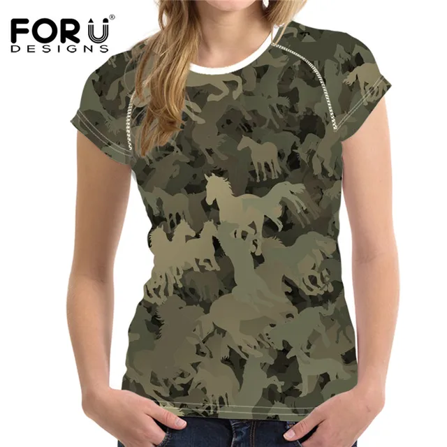 FORUDESIGNS Military camouflage T Shirt For Women Animal Harajuku