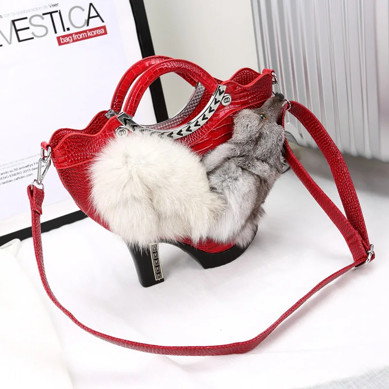 

2019 Winter New Special Portable Handbags High Heels Shoes Shoulder Bag Fox Fur Sweater Totes Casual Messenger Bag For Women