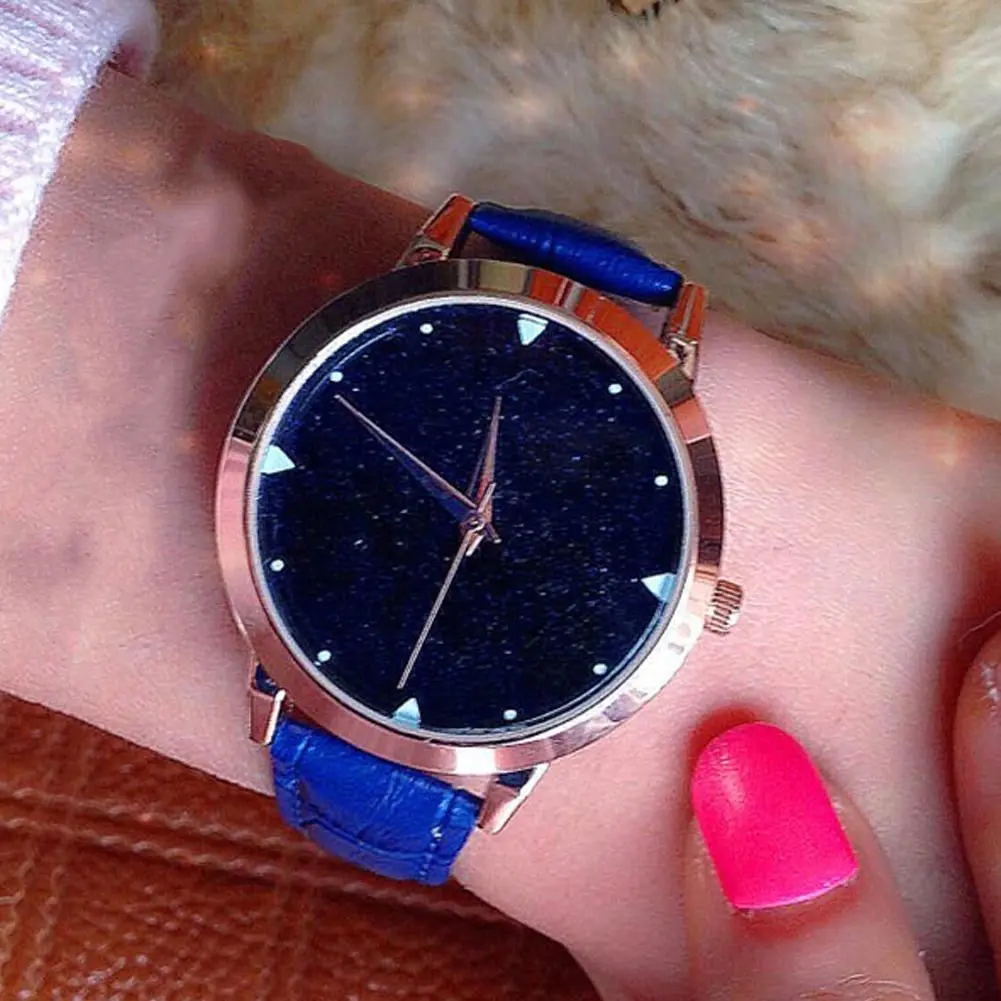 New Women Watch Night Starry Sky Simple Dial Case PU Leather Band