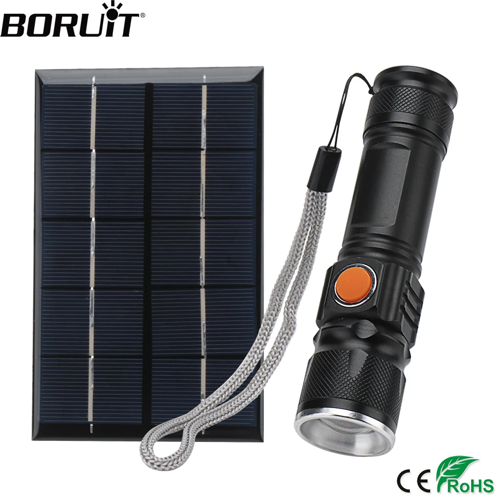 

BORUiT XML T6 LED Flashlight with Solar Panel 4-Mode Zoom Torch USB Rechargeable Built-in18650 Battery Lantern