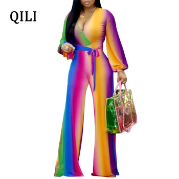 

QILI Women Colorful Jumpsuits Long Sleeve Sexy V-neck Belted Casual Wide Leg Overalls New Arrivals Womens Jumpsuits