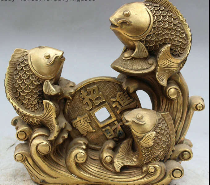 

JP S0610 9" Folk Chinese Brass Lucky Wealth Coin Auspicious 2 Jump Fish Statue Sculpture