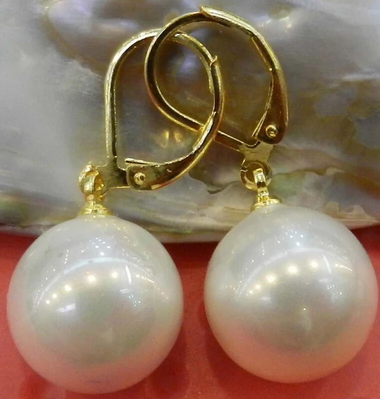 

hot sell new - shitou 00728 Beautiful 14mm White Shell Pearl Round Beads Dangle Earrings AAA