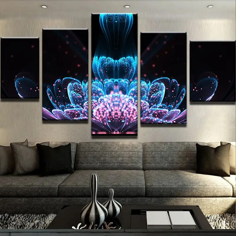 

Canvas HD Printed Living Room Pictures Modern 5 Panel Abstract Lotus Landscape Wall Art Modular Poster Painting Home Decor Frame