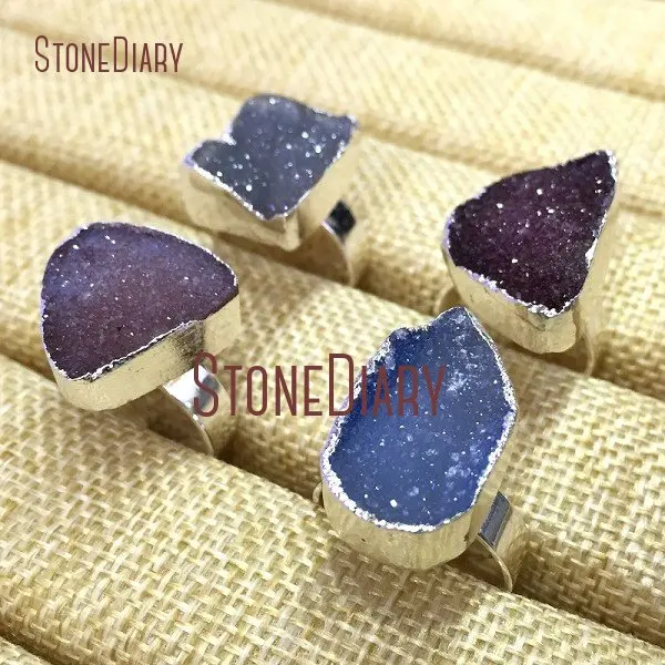 

5Pcs Random Color Agates Druzy Ring Silver Electoplated Irregular Shape Ring Adjustable RM331