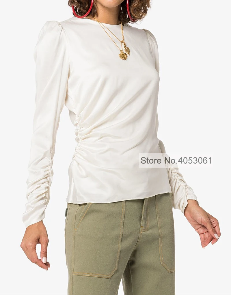 

Silk Pearl/Black Stretch Sandwashed Fitted Draped Bodice Top Draped Waist & Gathered Shoulder & Ruched Wrists - Women Blouse Top