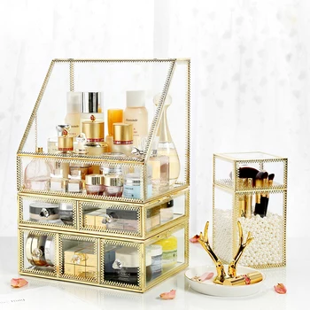 

Anfei glass and metal makeup organizer with drawer and lid high quality large glass makeup drawer organizer with cover C218