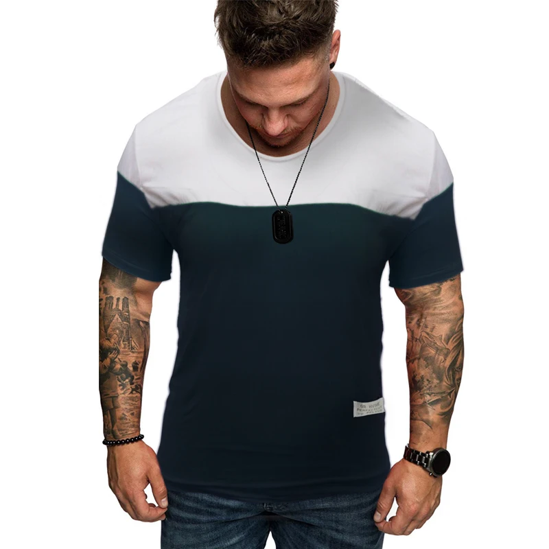 

Men's Summer O Neck Short Sleeves Patchwork Cotton T-Shirt Bodybuilding Tops Slim Fit Tee Fashion Male Clothing New 2019 D40