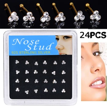 

WALERV 24PCS Nose Piercing Three White Crystal Zirconia Women Niose Studs Gold Color Nose RIngs Body Jewelry Gift