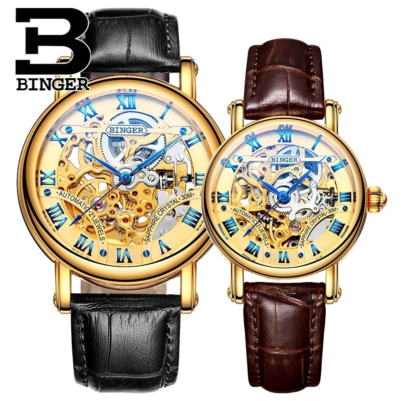 Новинка Часы Бингер пара автоматические часы Для мужчин Одежда высшего качества Скелет механические часы для Для женщин наручные B-5066M - Цвет: Couple Watches 04