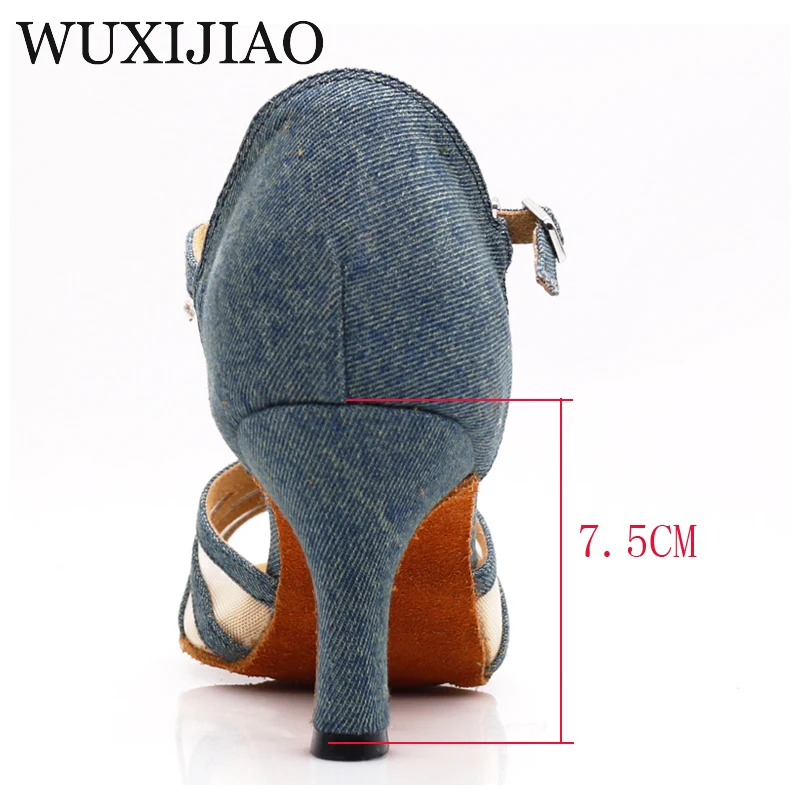 WUXIJIAO New denim and net Latin dance shoes ladies comfortable professional salsa shoes Cuban heel dance shoes sandals