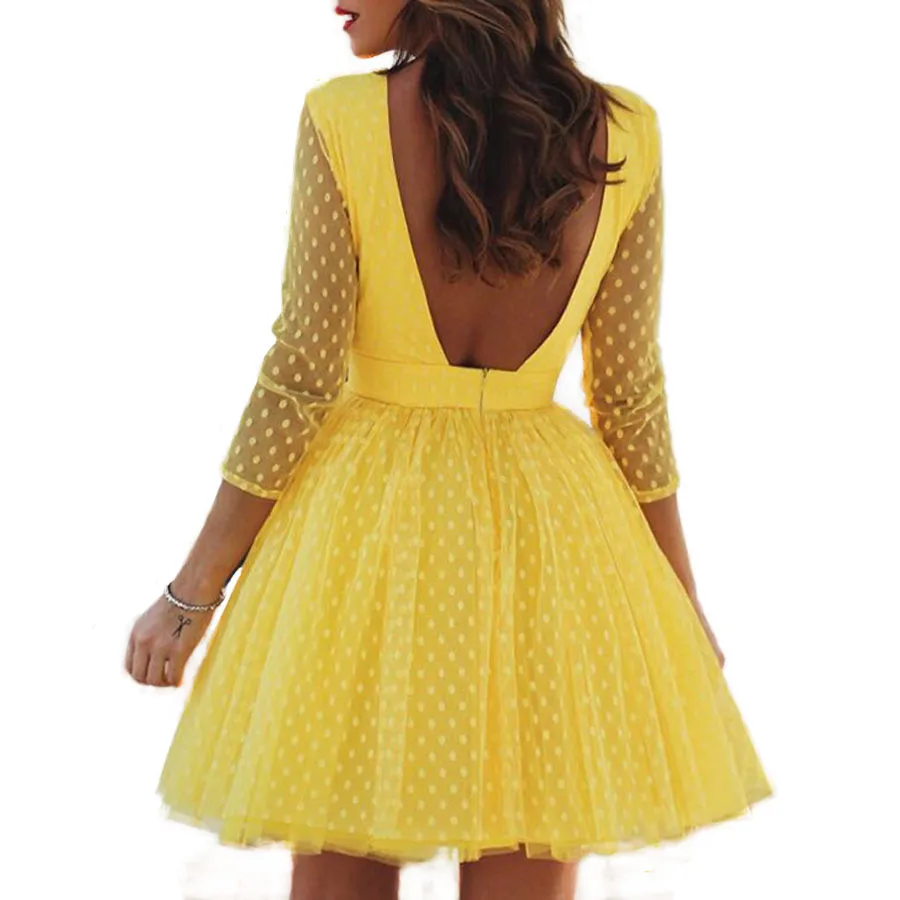 

Women Dress 2019 New Spring Summer Mesh Gauze Dots Backless Princess Party Formal Dress Women's Short Dresses Red/Yellow