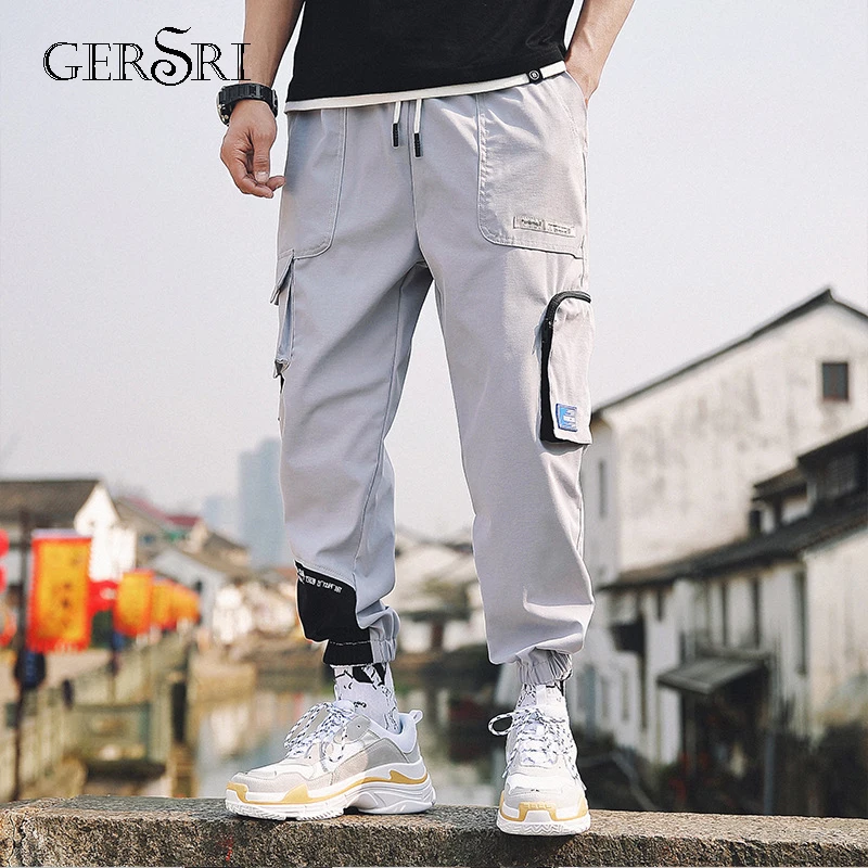 New Men Women Cargo Pants Hip Hop Elastic Waist Casual Jogger Sweatpants Pockets Decoration Trousers