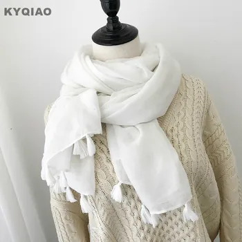 

KYQIAO women white scarf 2020 mori girls autumn summer Japan style fresh long white tassels solid scarf neckerchief