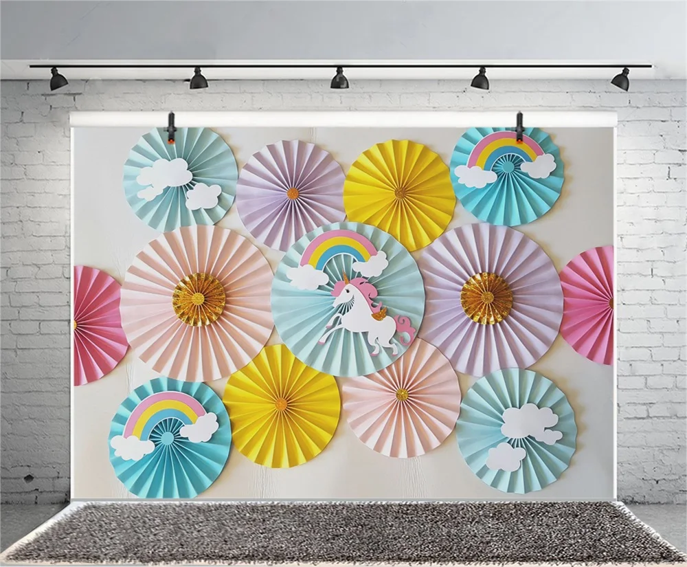 Laeacco Unicorn Rainbow Paper Flower Decor Party Baby Photography Backgrounds Customized Photographic Backdrops For Photo Studio