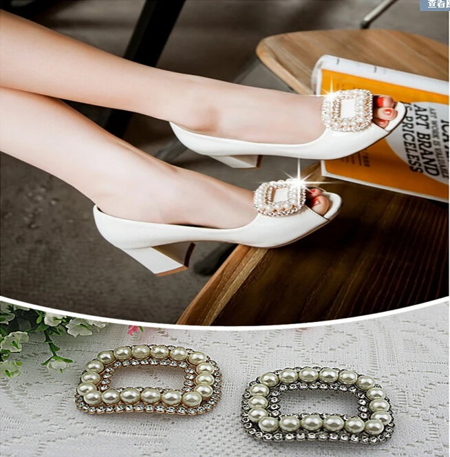 

Free shipping (6 PCS/lot) Diamond pearl gold silver square buckle shoes clip DIY craft shoe buckle hardware metal buckle