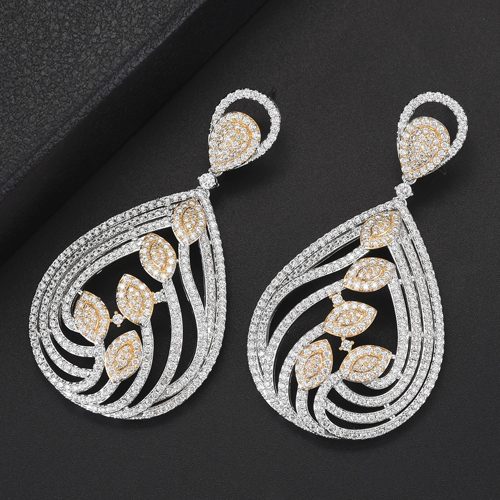 

38*71MM Delicate Nigerian Teardrop Shape Hollow Dangle Earrings For Bride Cubic Zirconia Inlaid Drop Earrings Fashion Jewelry