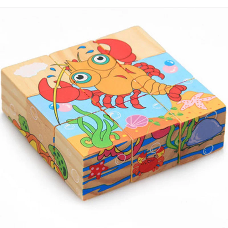 Шестигранная картина деревянная головоломка 3D головоломка игрушки Детские Ранние развивающие игрушки куб головоломка 10 типов - Цвет: Sea animals
