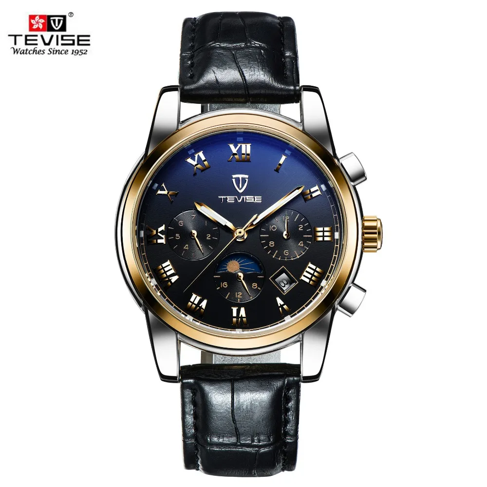 

TEVISE Moon Phase Automatic Men Mechanical Watch Luxury Mens Business genuine Leather strap Watches Male Clock Gold Reloj Hombre