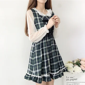 

Women Dresses 2019 New Japanese Sweet Long Plaid Sleeveless Dress + Mesh Bottoming Shirt Two Piece Suits Female