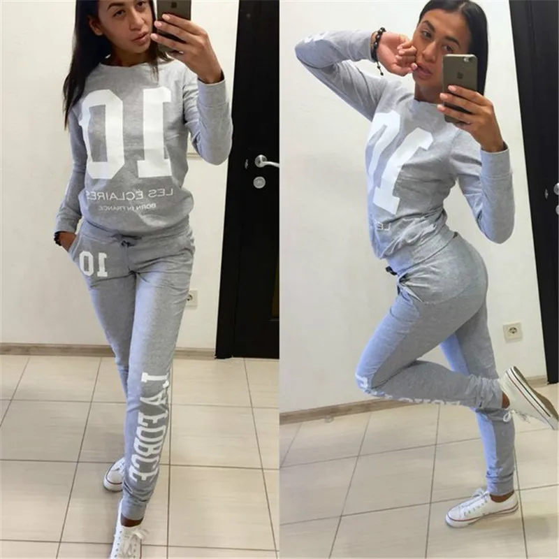 

2 Pieces Set Women Gray Brand Tracksuit Printed Sweatshirt with Pants Trousers Casual Sportwear Suit Tumblr Kpop Sweat Femme