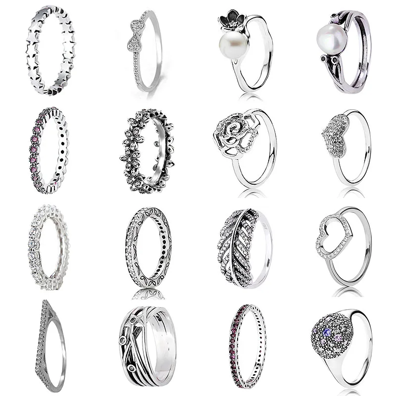 

16 Styles Wholesale 925 Sterling Silver Ring Love Heart Stack Crytal Rings For Women Wedding Party Gift Fine Pandora Jewelry