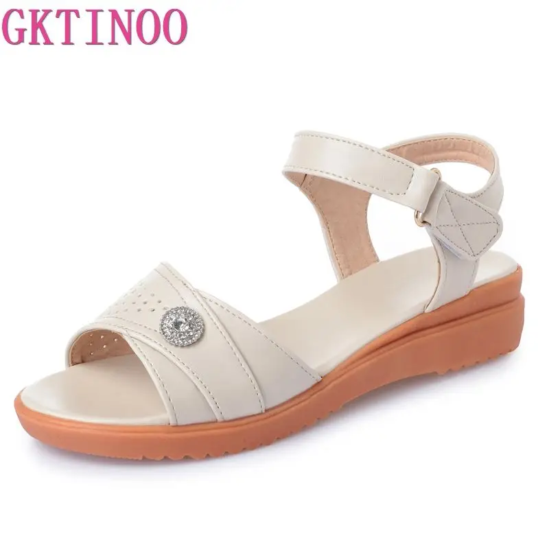 

GKTINOO Women Sandals Leather Casual Women Shoes Fashion Mother Shoes Flat Sandals Ladies Shoes Summer Sandals Big Size 35-43