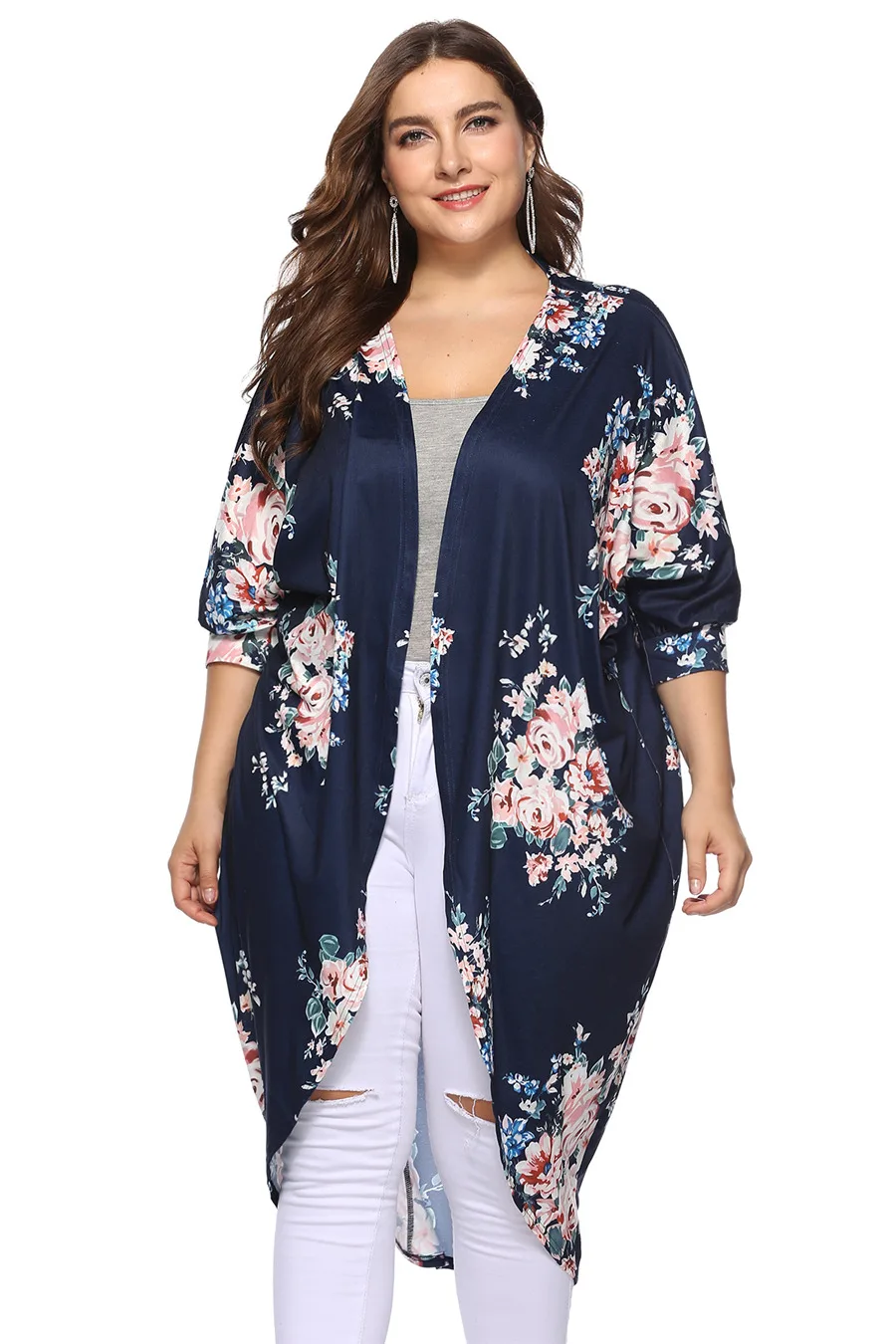 Gladiolus Plus Size Blouse Women 2018 Summer 34 Sleeve Floral Print Casual Long kimono Cardigan Women Autumn Shirt Blouses Tops (10)
