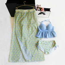 Printed Bikini Women's Halter Backless Sexy Ruffle Print Elastic Skirt Beach Swimwear Ladies Spa Swimwear Three-Piece Set