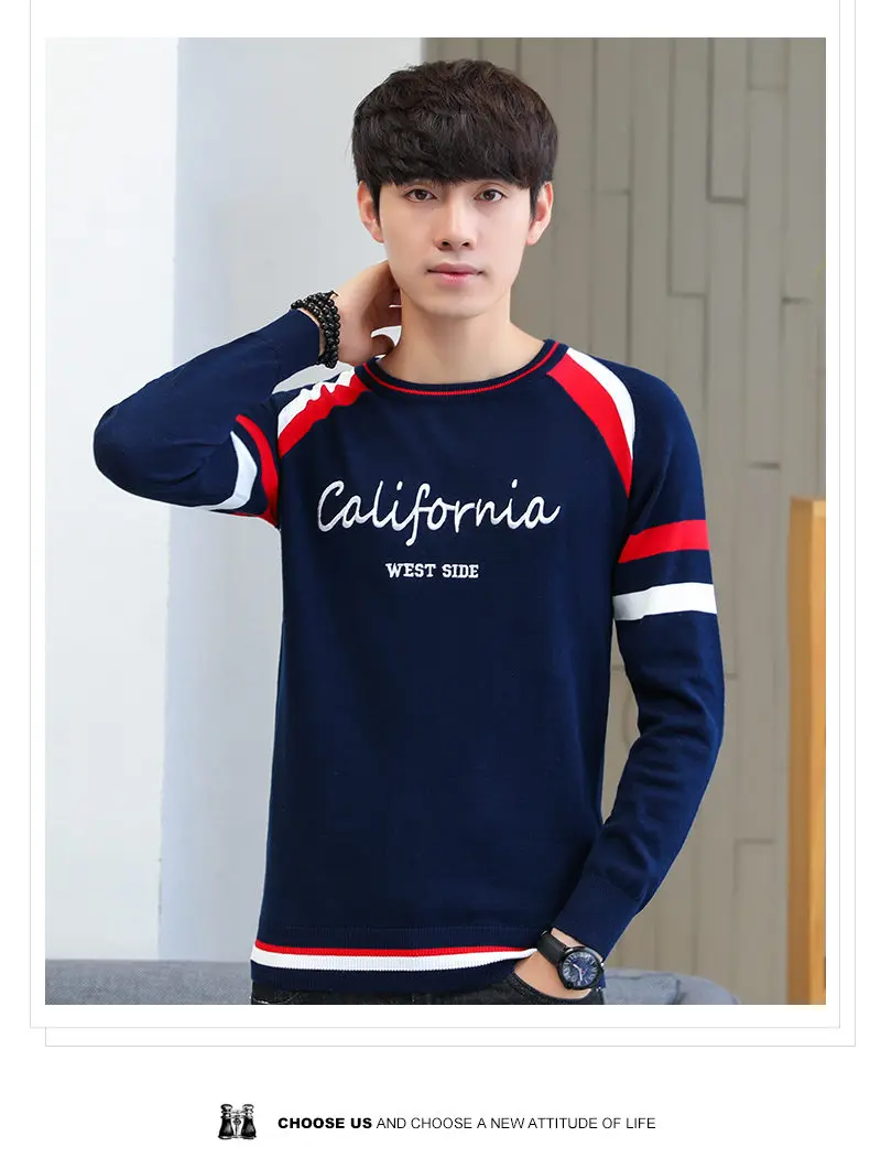 2019 Autumn Contrast Color Sweater Men O-Neck Cotton Knitted Pullover Men Winter Fashion Korean Style Striped Mens Sweaters Male 09