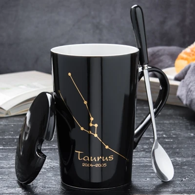 12 созвездий керамическая кружка для кофе с молоком 420 мл многоразовая офисная чашка с ложкой для чая черный фарфор посуда для бара подарок - Цвет: Taurus