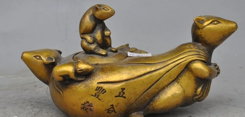 

marked chinese bronze fengshui animal 5 mice mouse statue Wine Pot Flagon teapot