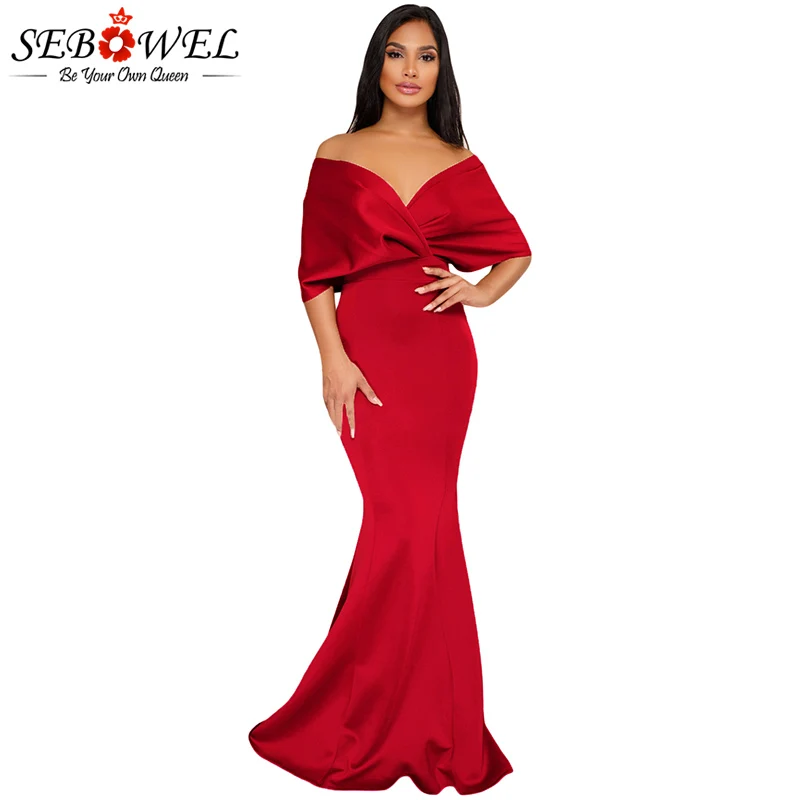 

SEBOWL Sexy Red Off Shoulder Maxi Evening Party Dress Women Elegant Long Bodycon Club Dress Formal Floor Length Mermaid Dress