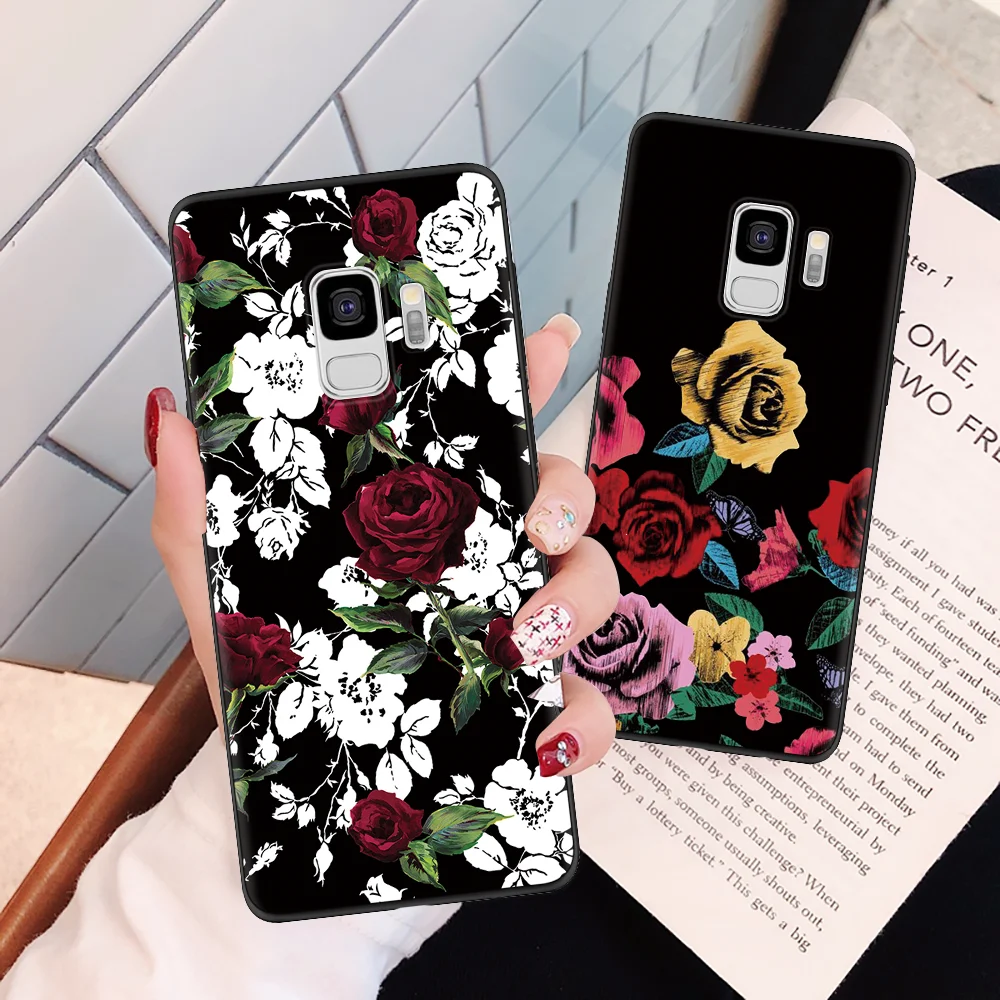 

Black Fundas For Samsung Galaxy Note 9 8 4 A3 A5 2016 A7 2017 A9 A8 Plus 2018 A30 A40 A50 A70 S6 S7 Edge S8 S9 Plus Flowers Case