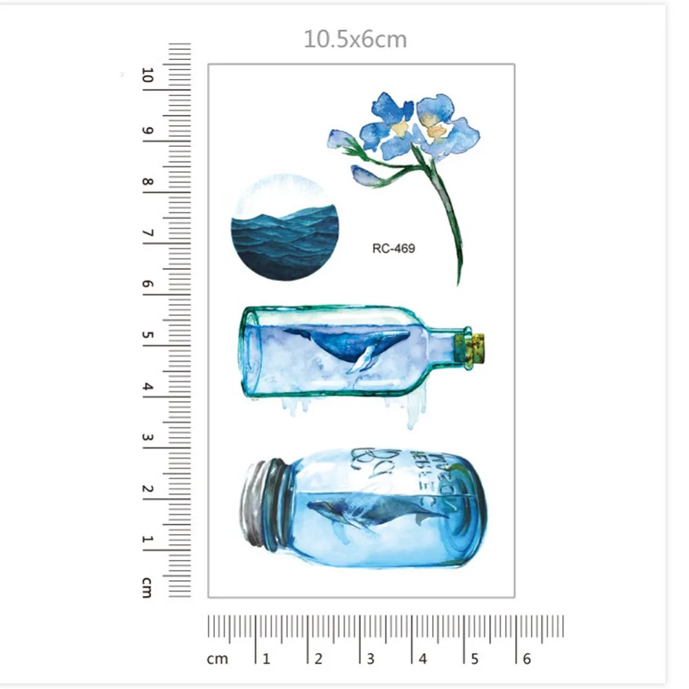Красочная синяя временная татуировка женская рука океан дрейфующих бутылка татуировки наклейки мужские тело рука лодыжки искусство водонепроницаемый#275171