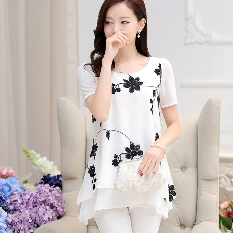 

Summer Vintage Women Chiffon Blouse Shirt O-Neck Short sleeve Female Tunic Casual Plus Size Blouse Kimonos mujer 2019 lace top