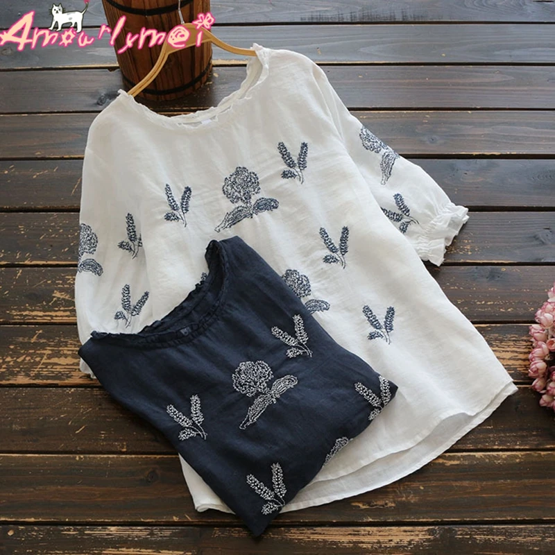 

2019 Summer Women Vintage Flower Embroidery Ruffles Loose O-neck Half Sleeve Cotton And Linen Blouse Mori Girl Casual Shirt Tops