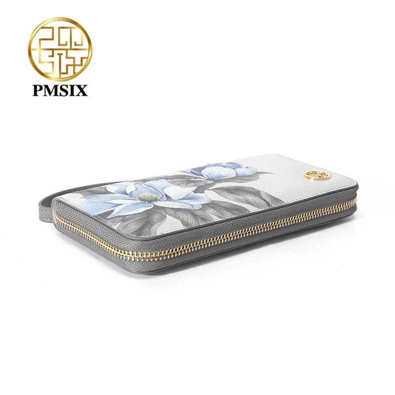 PMsix Модный женский кошелек из коровьей кожи с цветочным принтом Длинный на молнии